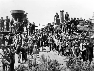 Az Union Pacific és a Central Pacific Railways találkozója Promontory Pointban, Omaha, 1869. május 10.